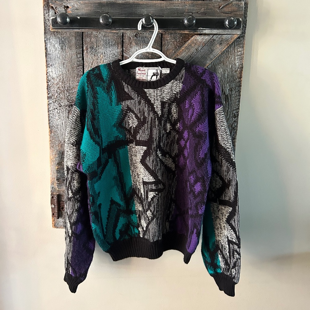 Men's Vintage Sweater Black, Purple & Aqua - Size Medium
